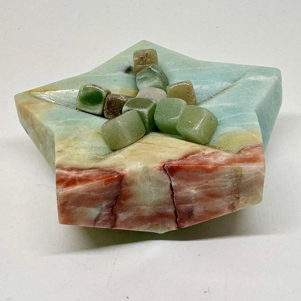 Caribbean Calcite Star Bowl‎ w Green Aventurine Cubes Crystal Decor